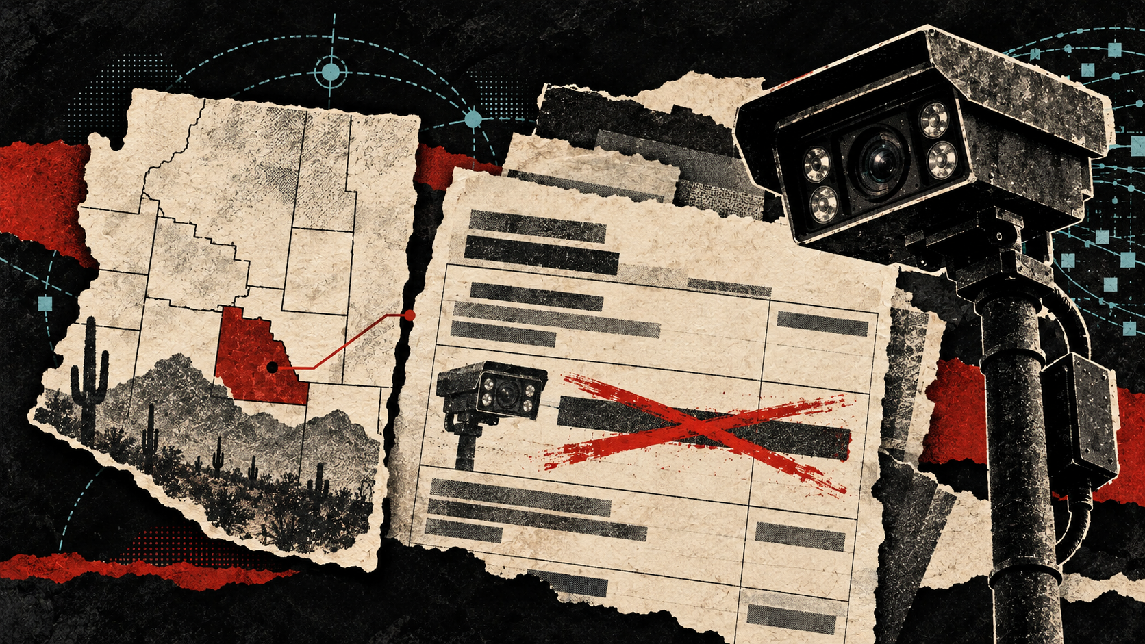 Distressed editorial collage of an Arizona map, a struck-through proposed budget line and an ALPR camera, showing a corrected claim about funding removed before final passage.