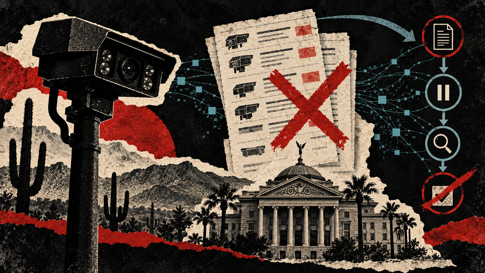 Distressed editorial collage of an Arizona ALPR camera, the State Capitol and a crossed-out appropriation document, showing proposed statewide plate-reader funding that was removed before enactment.