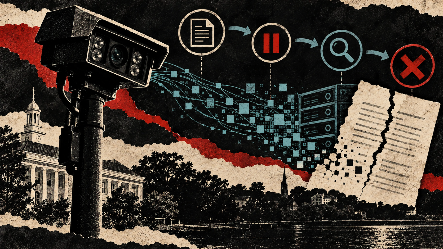 Distressed editorial collage of a Cumberland plate-reader camera, torn contract pages and a severed data trail following the council's contract-ending vote.
