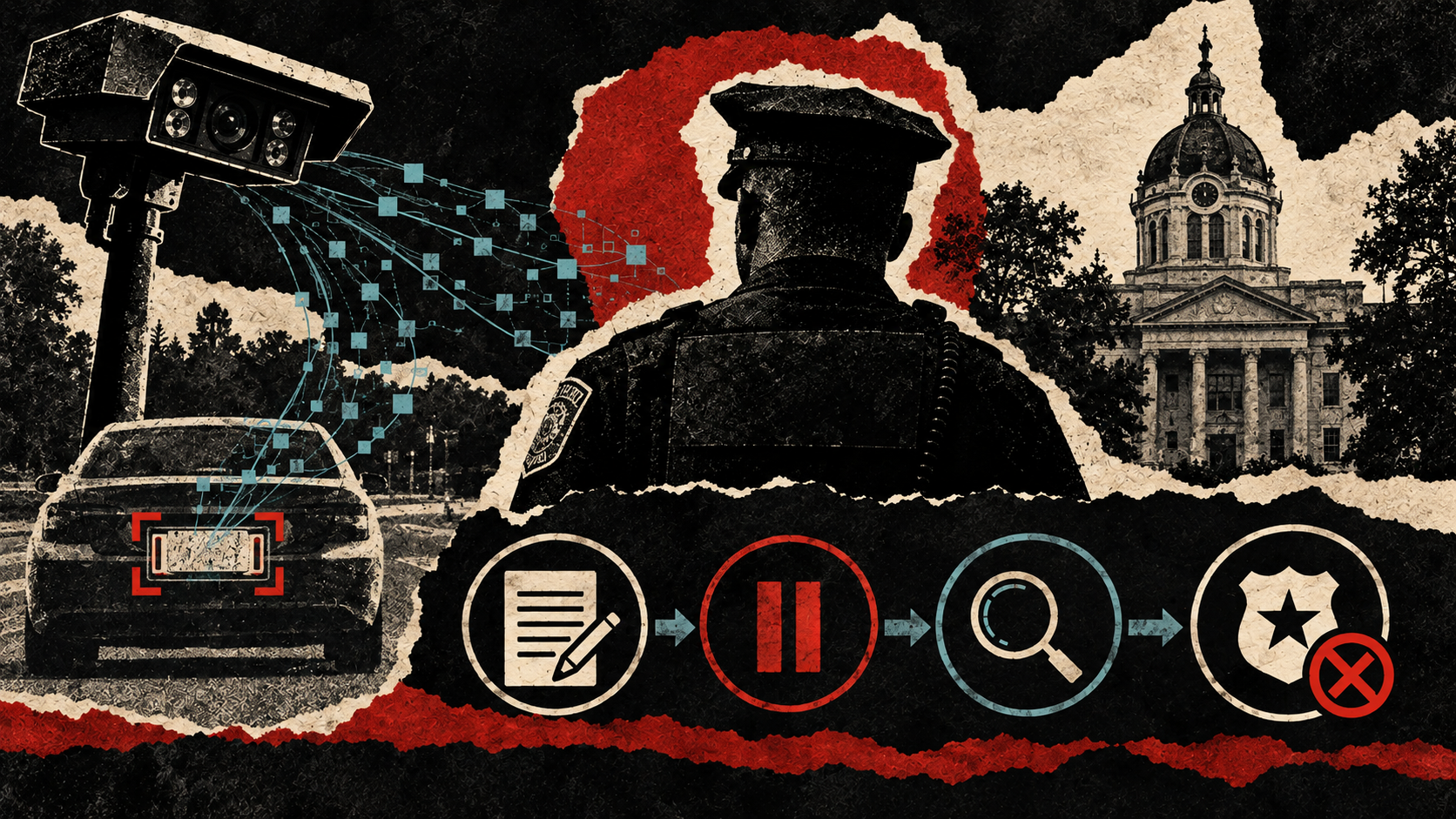 Distressed collage of an Athens-Clarke license plate camera, an officer silhouette, and a firing and investigation sequence without depicting a criminal charge.
