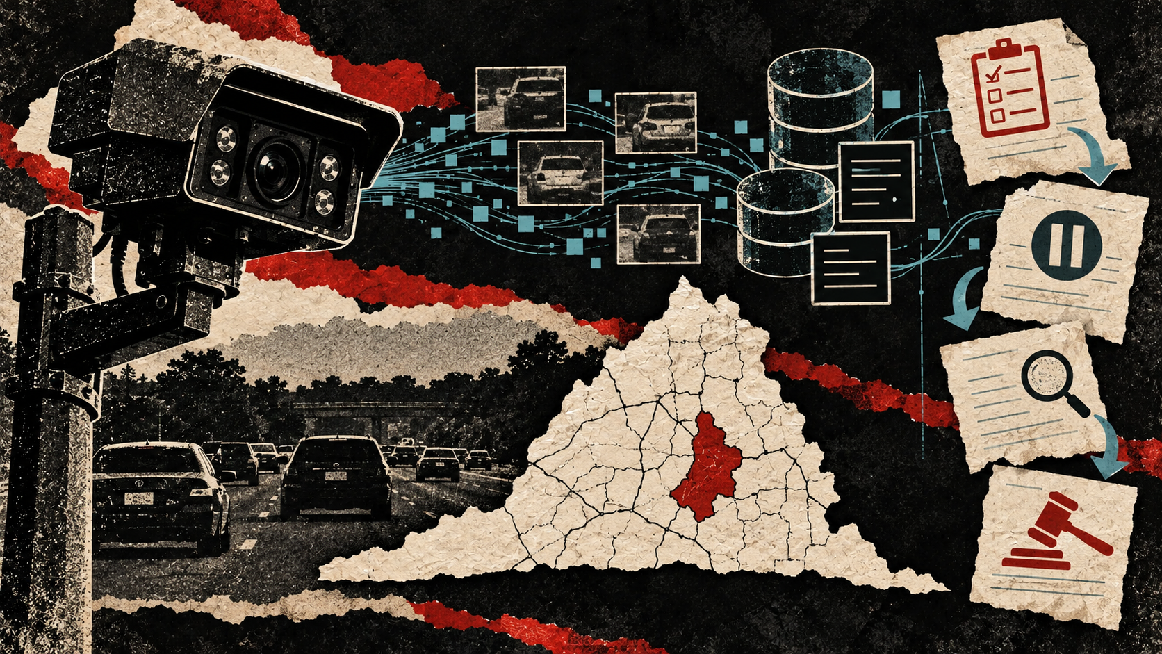 Distressed collage of a Chesterfield County ALPR network, database audit, access pause, investigation, and pending court charges.