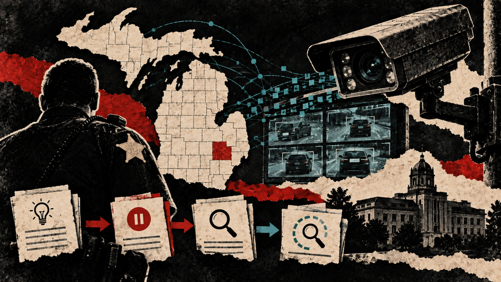 Distressed collage of an Oakland County camera network and a former deputy beside an unresolved investigation sequence.