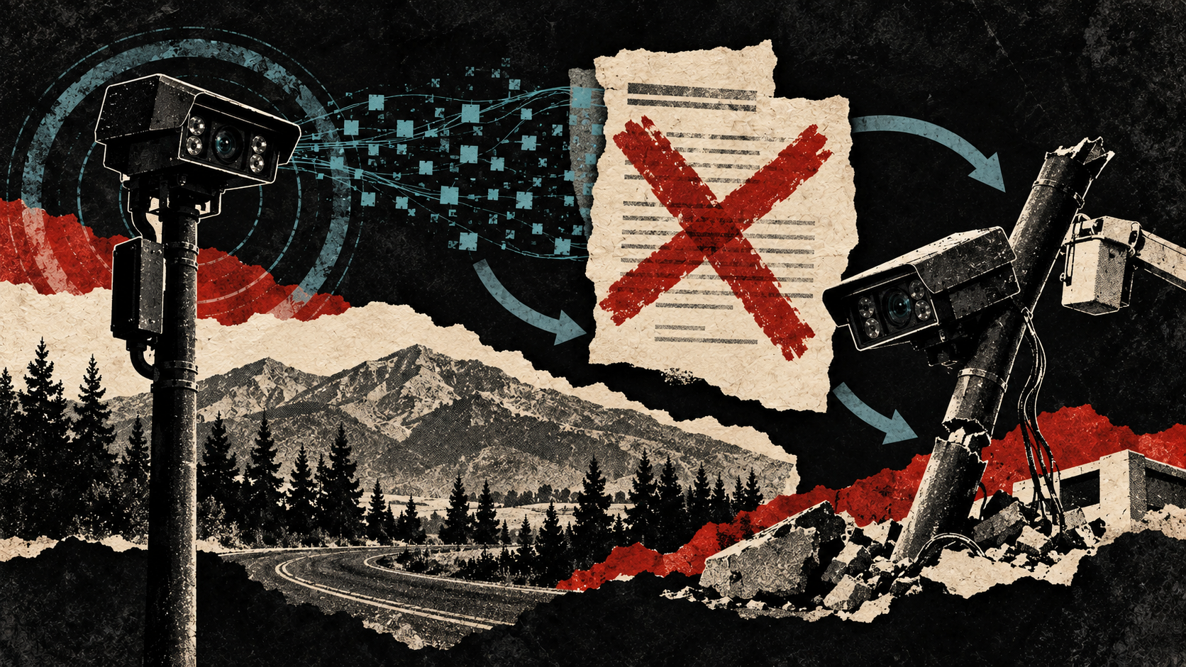 Distressed collage of an active plate-reader camera, a torn cancellation record, and a broken camera pole against the Custer County mountain landscape.