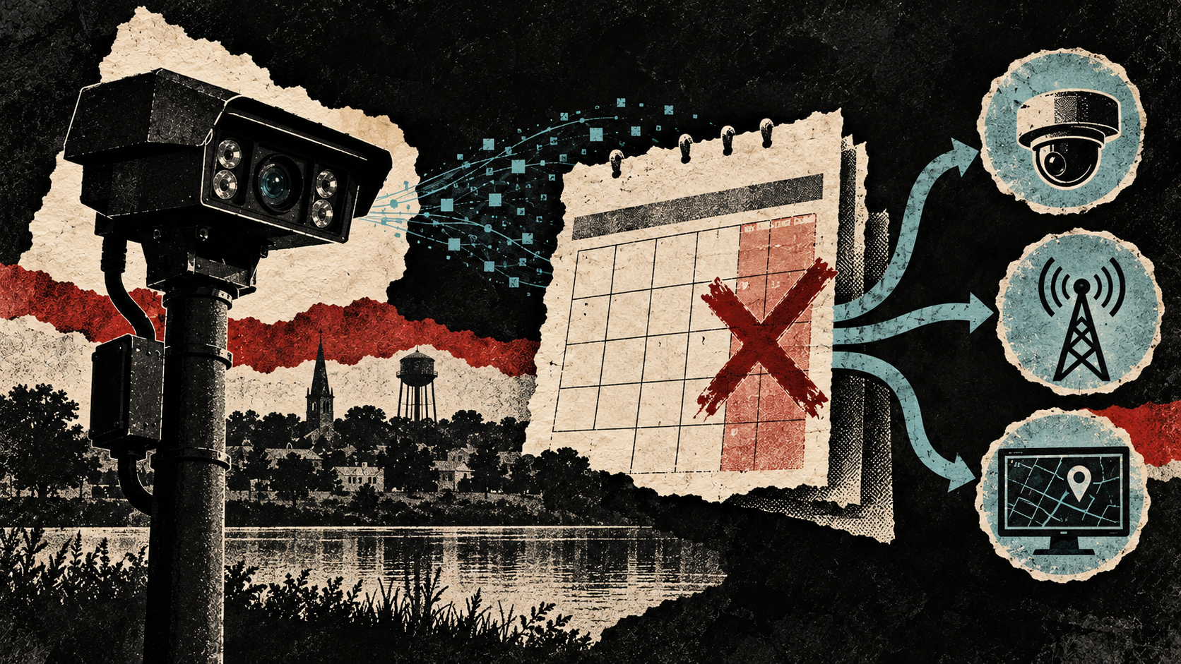 Distressed collage of one active plate-reader camera beside a future calendar mark and branching technology paths over a Caledonia lakeside silhouette.