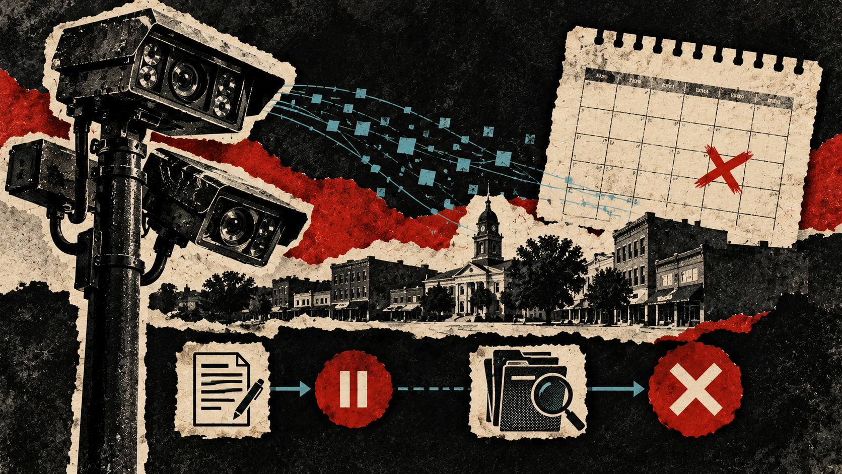 Distressed collage of active plate-reader cameras in Monmouth beside a future contract-expiration calendar and public-record review symbols.