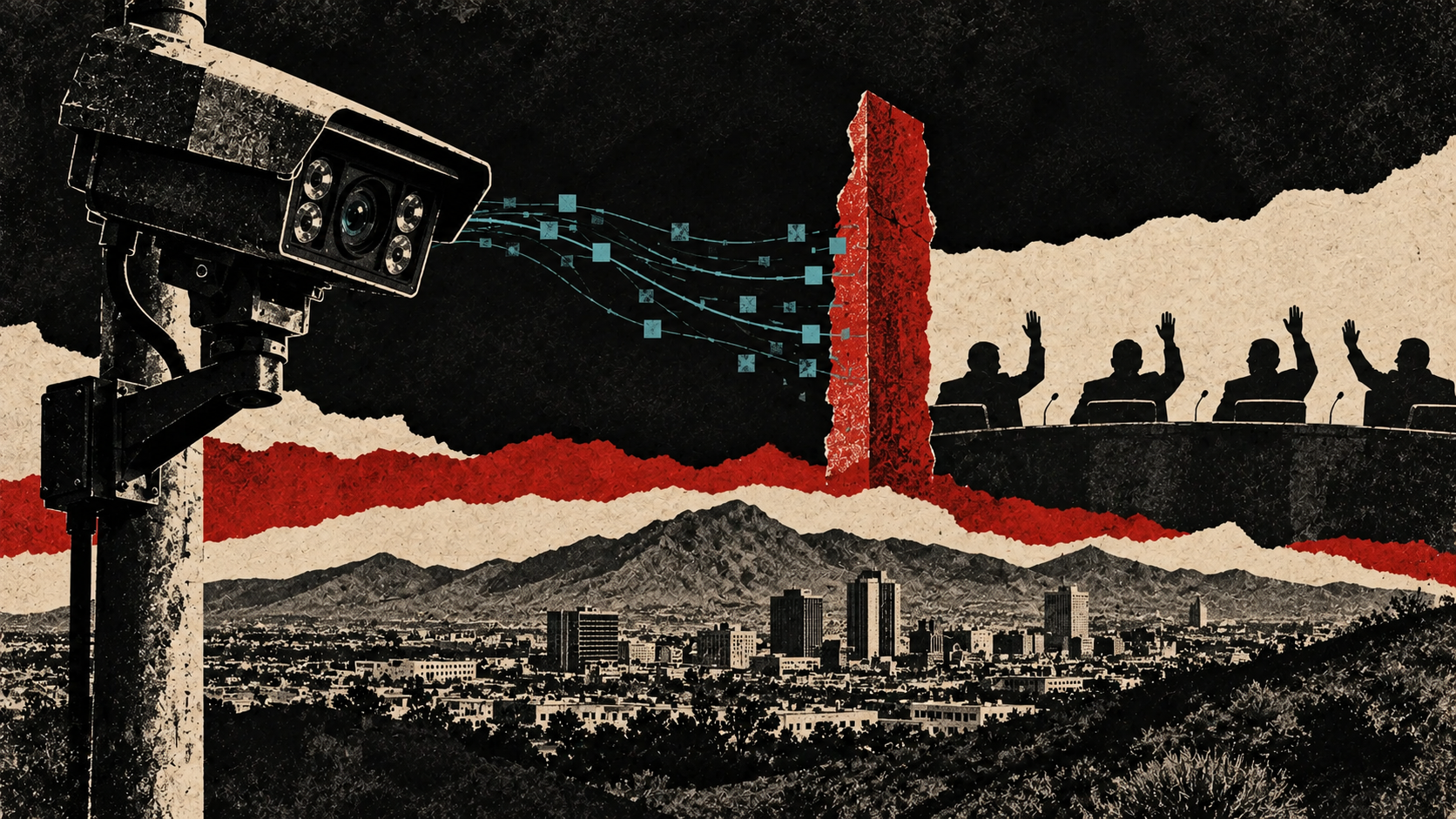 Distressed print collage of an intact fixed reader, an abstract red barrier to prospective network links, and El Paso council silhouettes voting