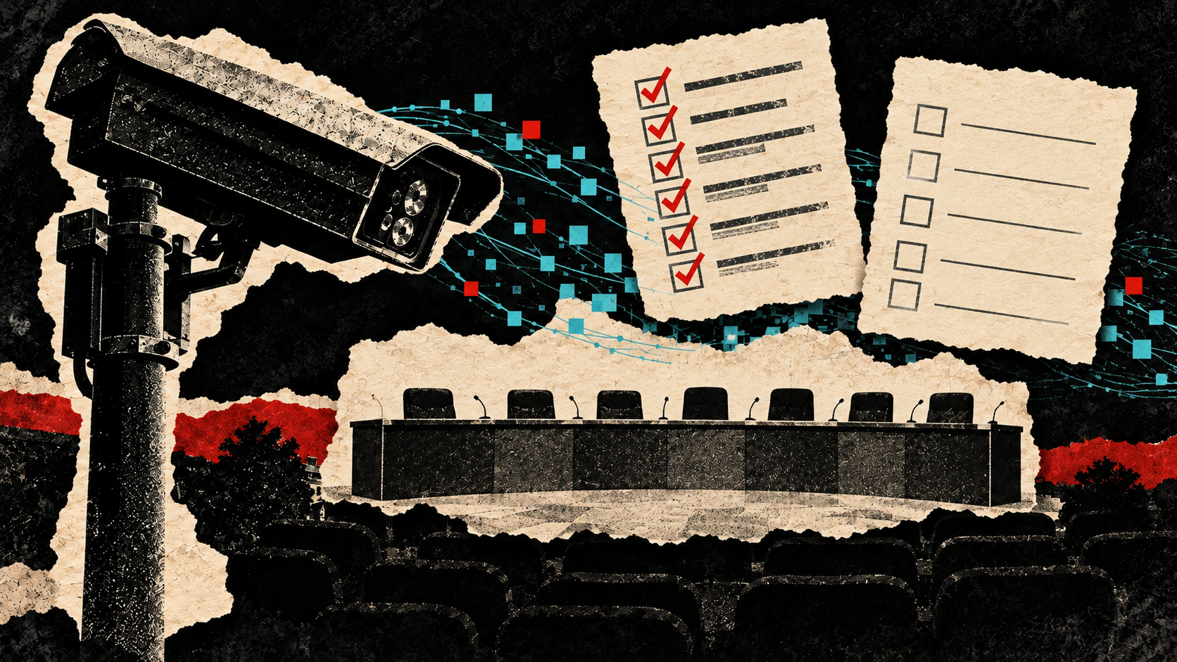 Distressed print collage of an ALPR camera, empty council dais, approved council checklist and separate pending blank page; no specific building or signed ordinance depicted