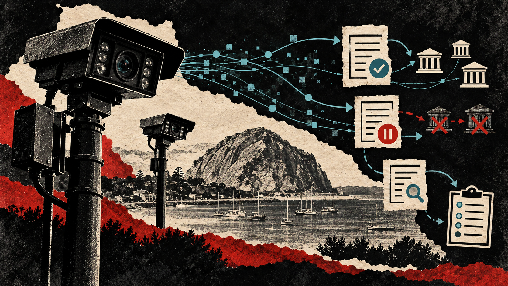 Distressed print collage of active plate-reader cameras by Morro Rock, selected network access cut off, and proposed audit paperwork