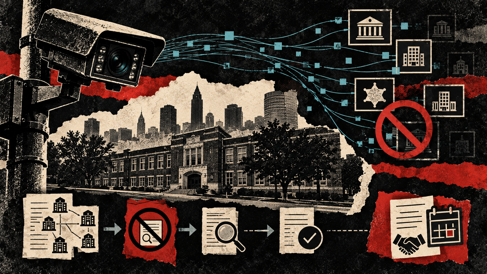 Distressed black-and-cream collage of Cleveland school cameras, formerly broad data-sharing paths and a blocked outside branch, with a pending school-board review symbol.