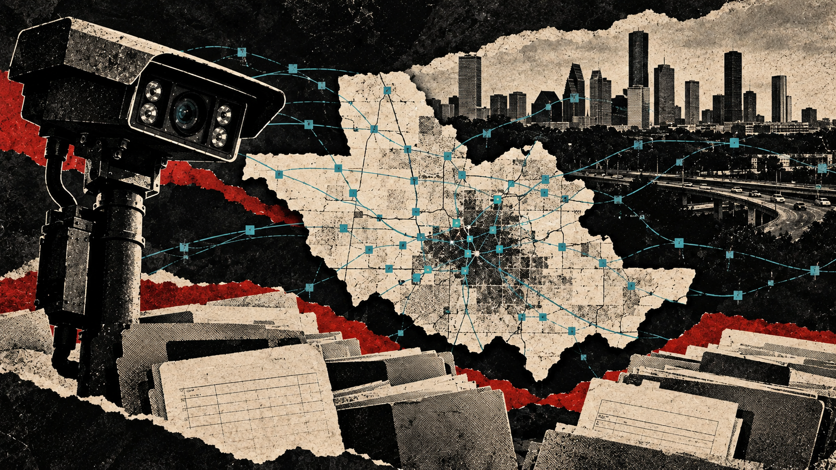 Distressed-print illustration of an active Harris County camera network crossing an incomplete Texas inventory and unfilled record folders.