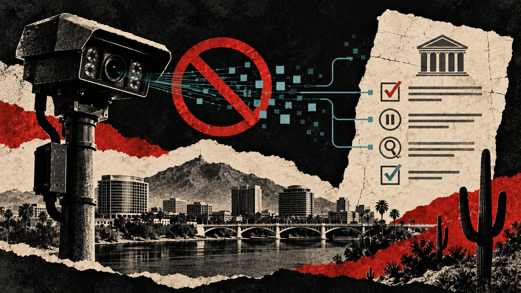 Distressed collage of a Tempe-area skyline, a plate-reader camera and a voted city restriction, with red and cyan data motifs