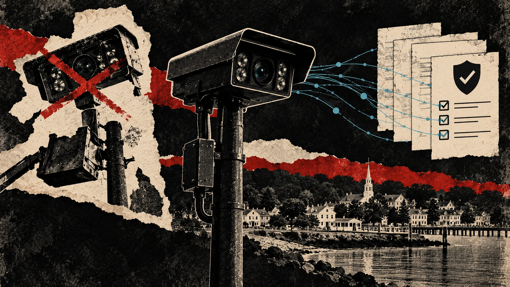 Distressed print collage showing one plate-reader camera crossed out beside an active replacement and abstract policy papers over a Connecticut townscape