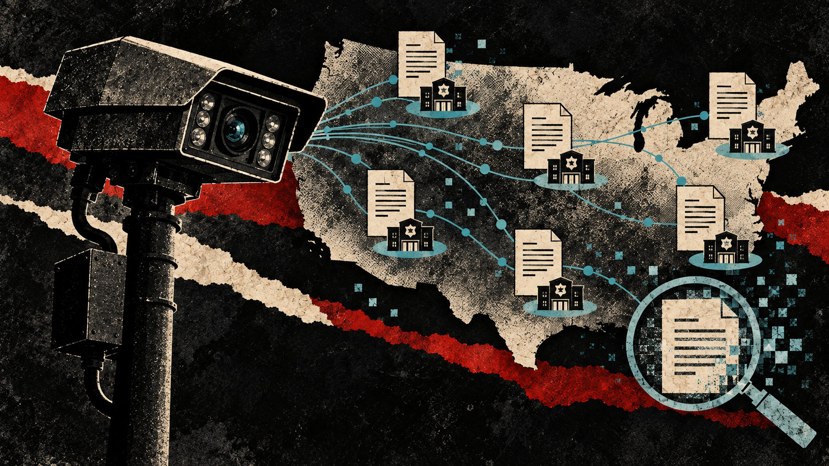 Distressed print collage of a national ALPR network with intact customer-contract papers and a review magnifier; no termination or completed audit depicted.