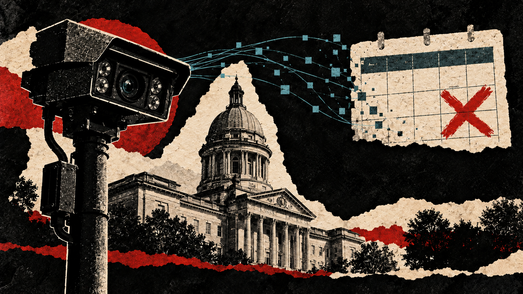 Print-collage illustration of a plate reader, Frankfort's capitol and an unnumbered calendar marking future contract nonrenewal, not completed camera removal