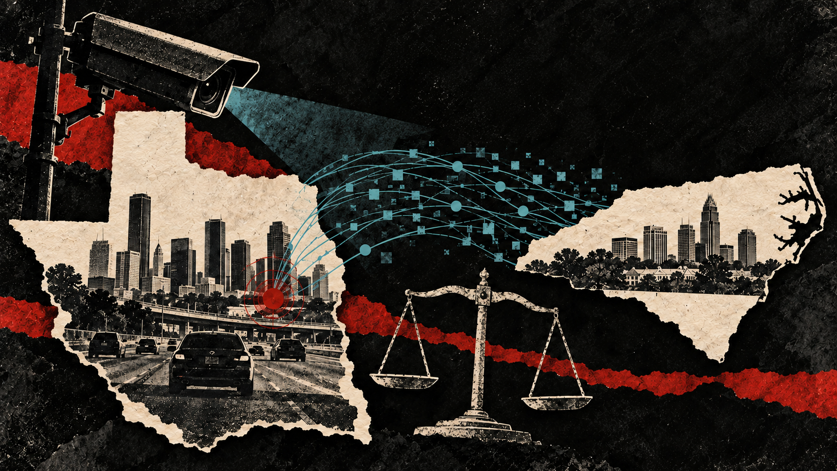 Print-collage illustration linking Texas and North Carolina camera networks beside balanced scales, representing legal analysis rather than a judicial decision