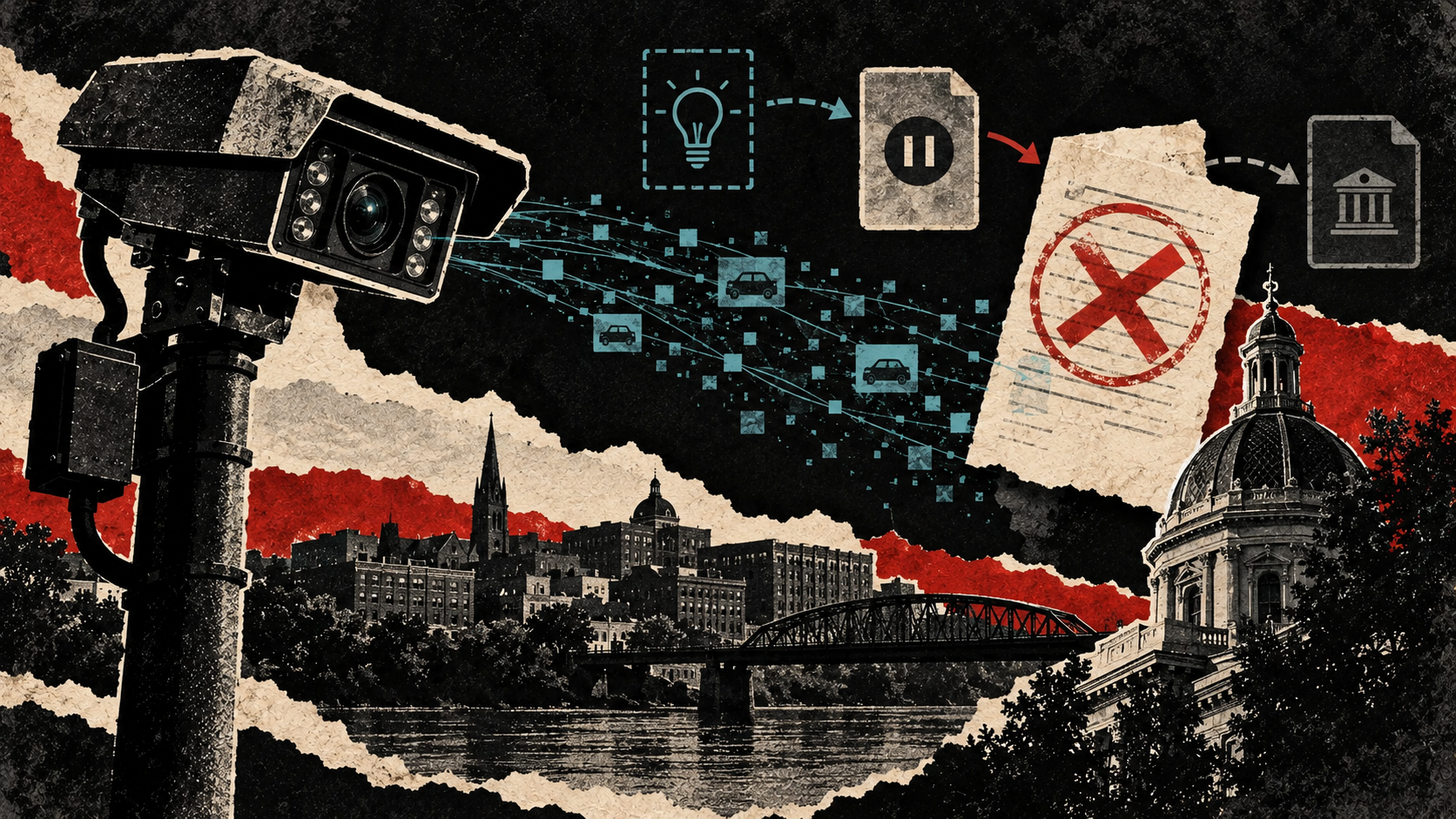 Print-collage illustration of an active plate reader and a crossed-out proposed rule above Troy, representing the reported mayoral veto and unresolved council action