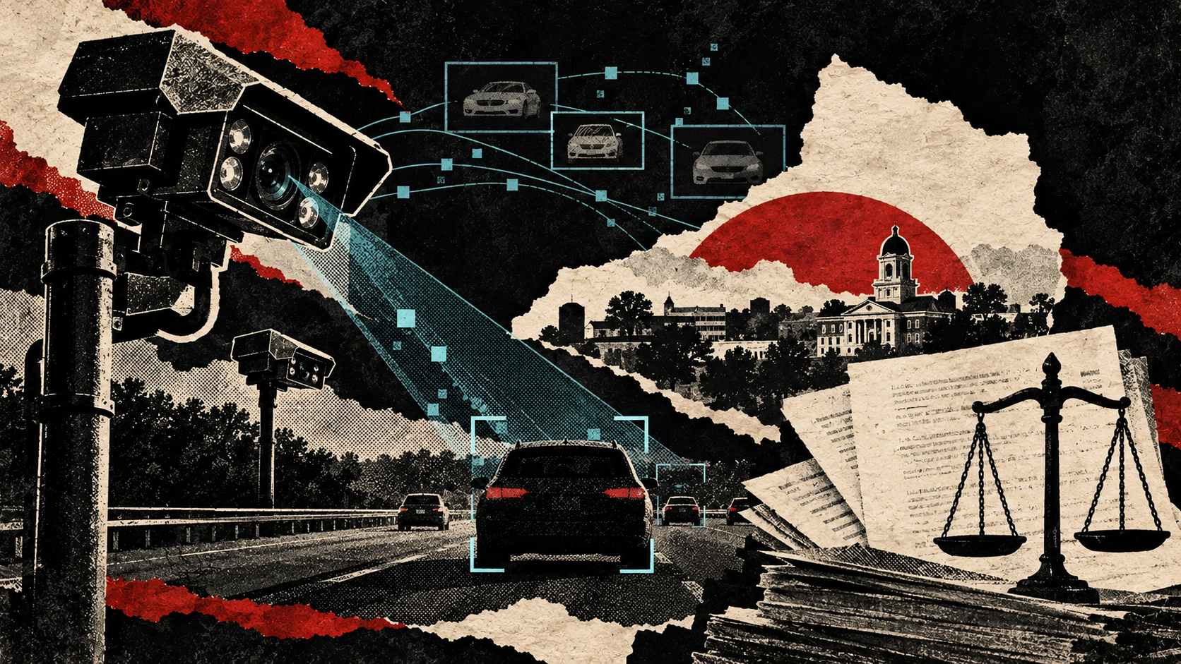 Print-collage illustration of a generic vehicle, camera network, Georgia silhouette and legal papers representing a pending retaliation complaint, not proven misconduct