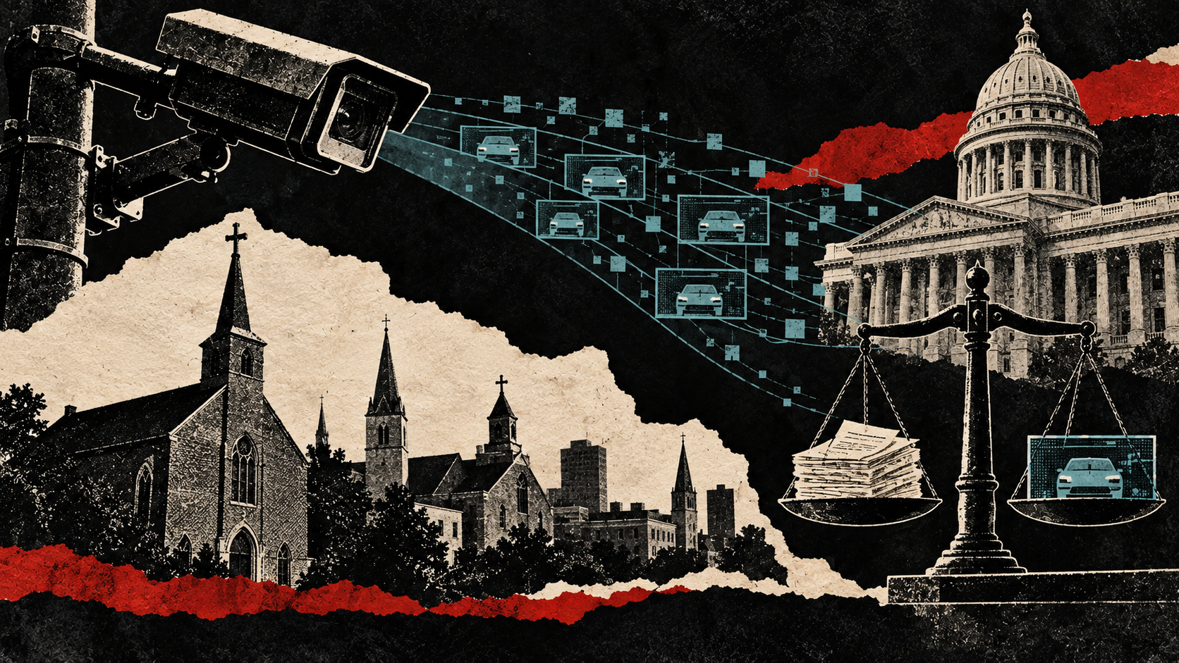 Print-collage illustration of Wisconsin, church silhouettes, a plate reader and a pending legal petition; no warrant rule or final court decision is implied