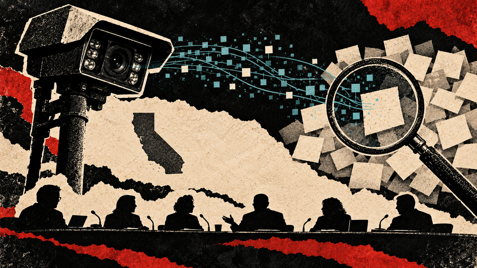 Distressed black-and-cream editorial collage of an ALPR camera, abstract search records under a magnifying glass, a California silhouette and anonymous oversight-panel silhouettes, illustrating Vallejo audit scrutiny without implying a completed audit, program pause or misconduct finding.