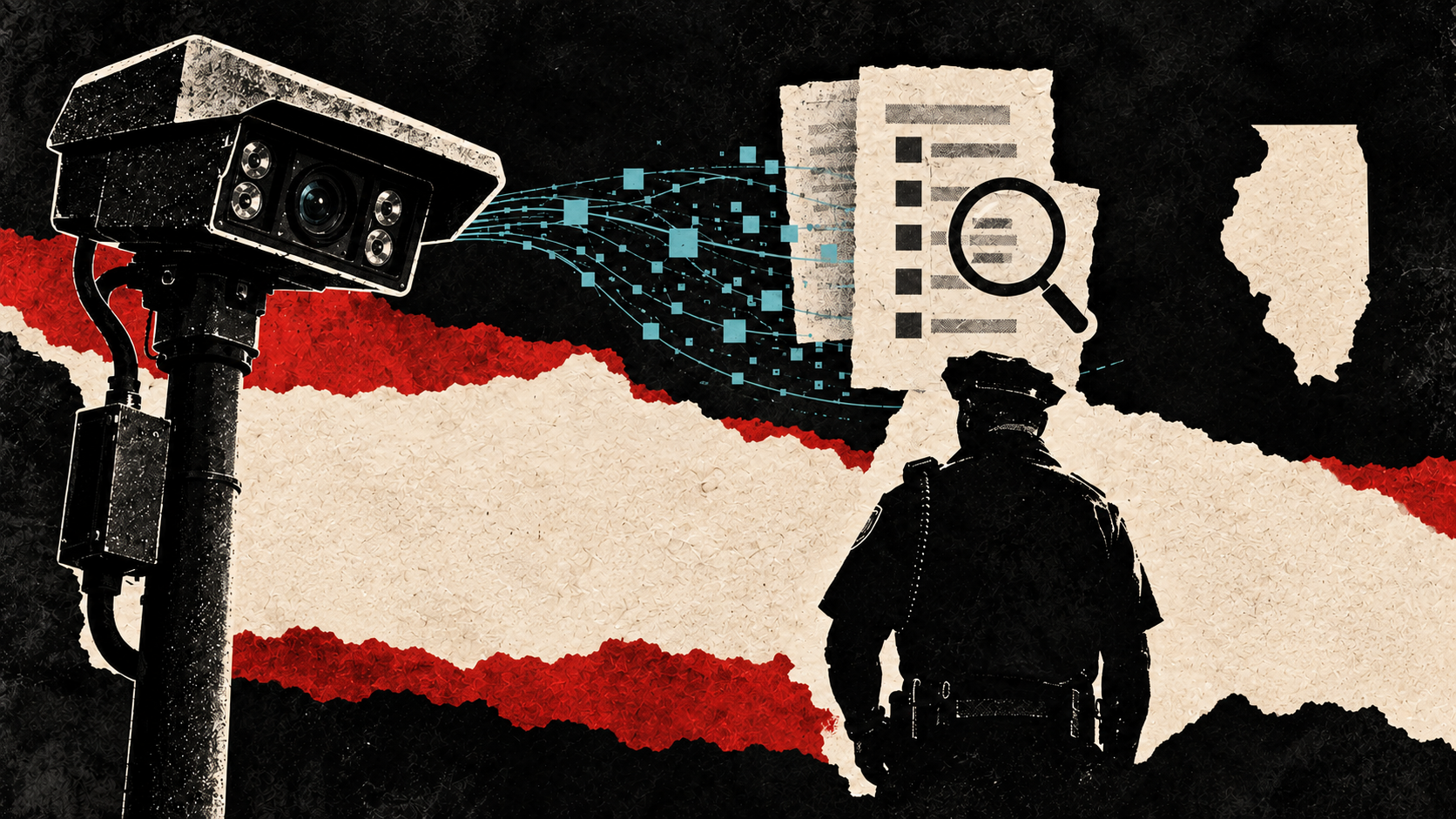 Distressed print collage of an ALPR camera, abstract records under review, an anonymous officer silhouette and Illinois outline; the illustration represents an ongoing investigation, not charges, a finding or a program pause.