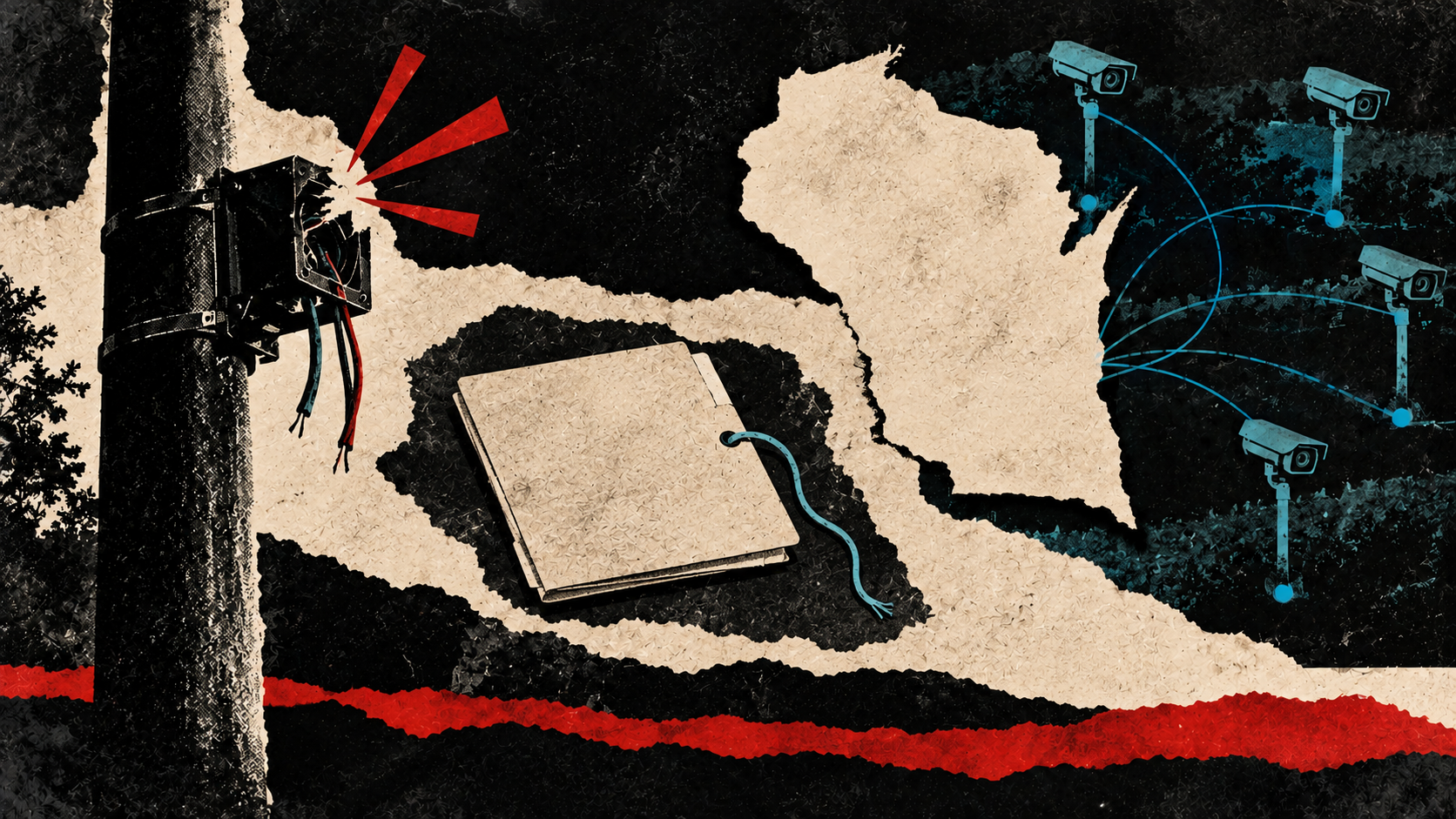Distressed Wisconsin collage with an empty damaged camera mount, a closed unmarked contract folder and a separate group of operating cameras, illustrating Kewaskum nonrenewal while neighboring systems continue.