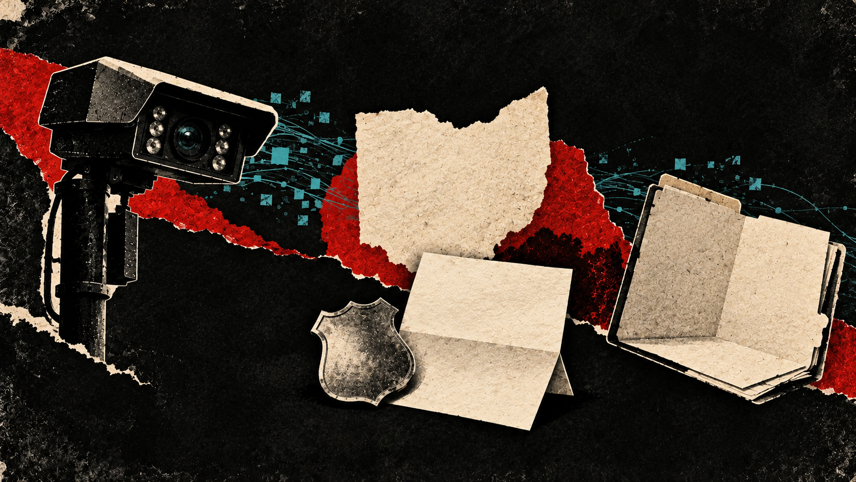 Distressed black-and-cream editorial collage of an Ohio outline, ALPR camera, unmarked badge beside a blank resignation letter, and open case folder representing pending proceedings, not a conviction.