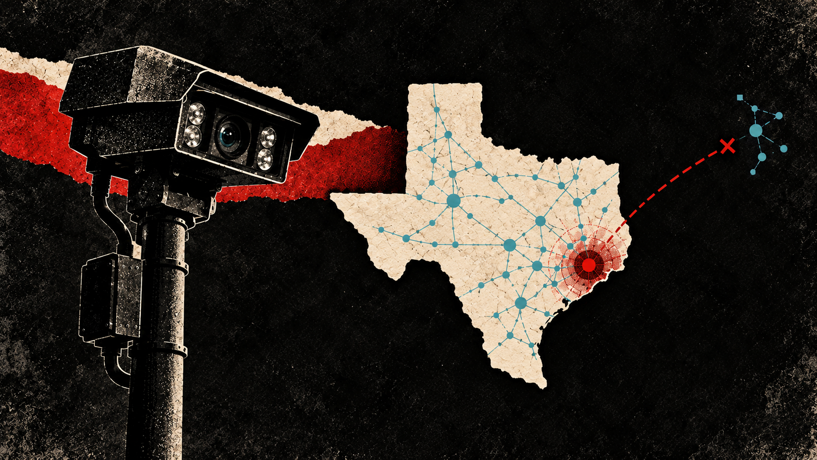 Editorial collage of a Texas outline and camera with connected cyan nodes within the state and a broken outward red link, symbolizing Pearland disabling nationwide sharing while retaining Texas sharing; not an exact network map.