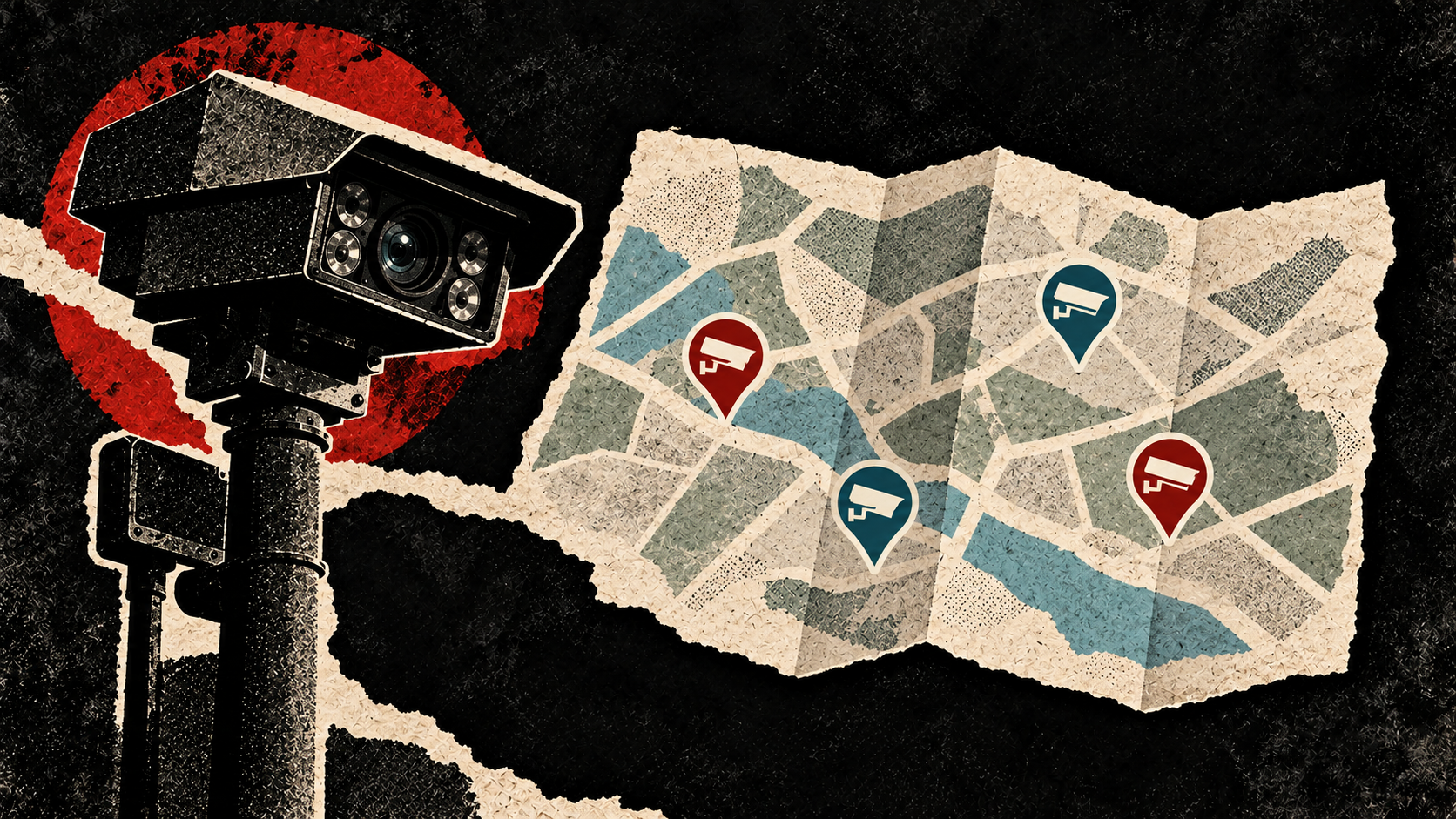 Distressed black and cream illustration of a folded abstract map with camera pins beside a surveillance camera, representing an optional visibility layer rather than real locations or surveillance-free routing.
