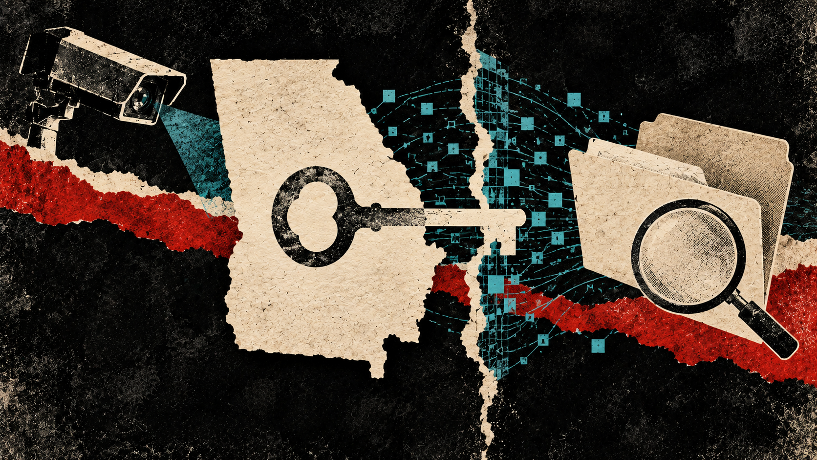 Distressed cream Georgia silhouette with an unmarked key crossing an access boundary, a camera and an open blank investigation folder; symbolic credential sharing and an ongoing inquiry, not a conviction.