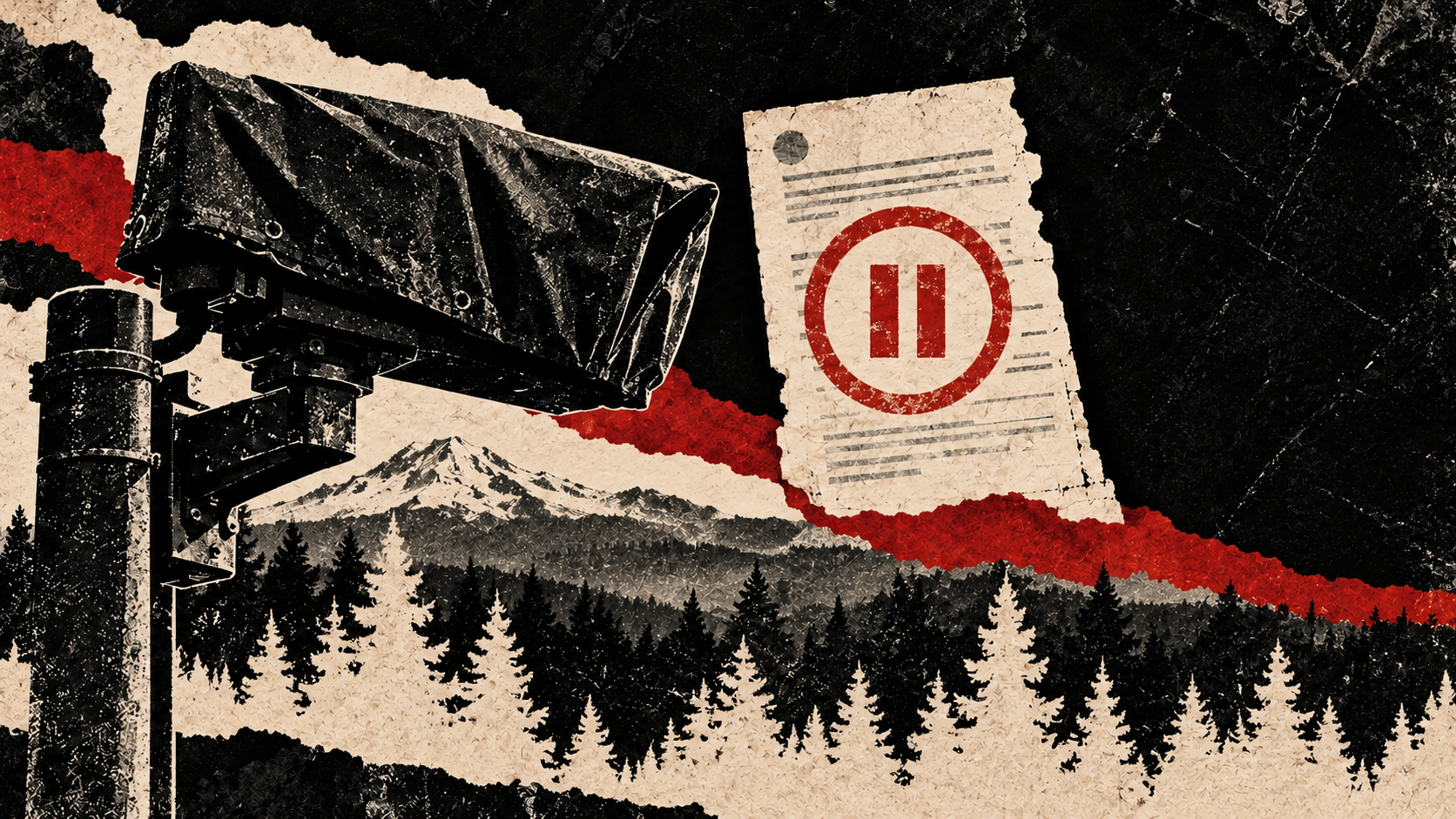 Distressed print collage of a covered ALPR camera, a symbolic paused contract and Pacific Northwest evergreen silhouettes; Renton's renewal decision remains unresolved.
