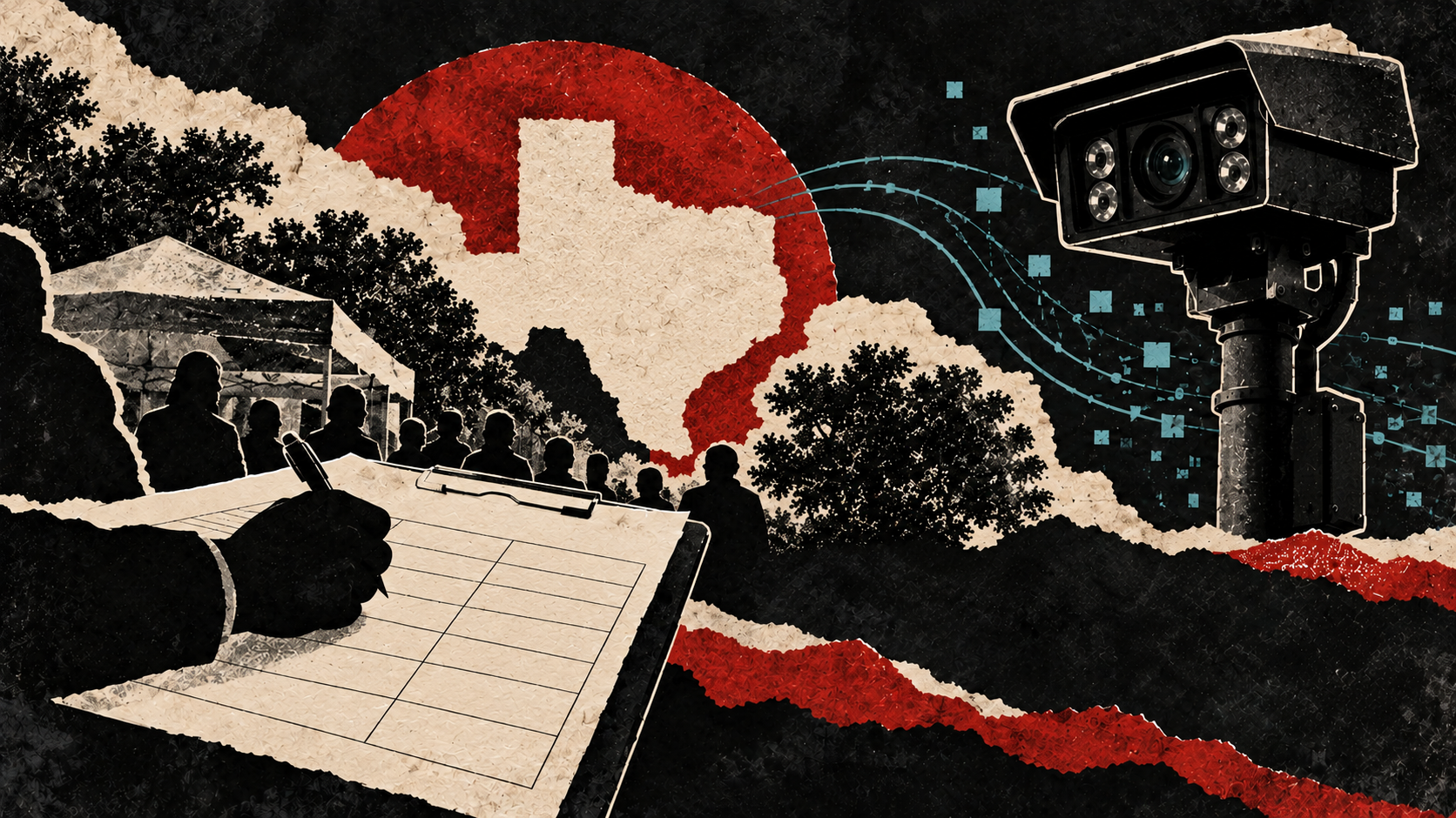 Distressed black-and-cream collage of an anonymous petition gathering, blank signature sheet, Texas silhouette and ALPR camera; no certified ballot or completed government action implied.