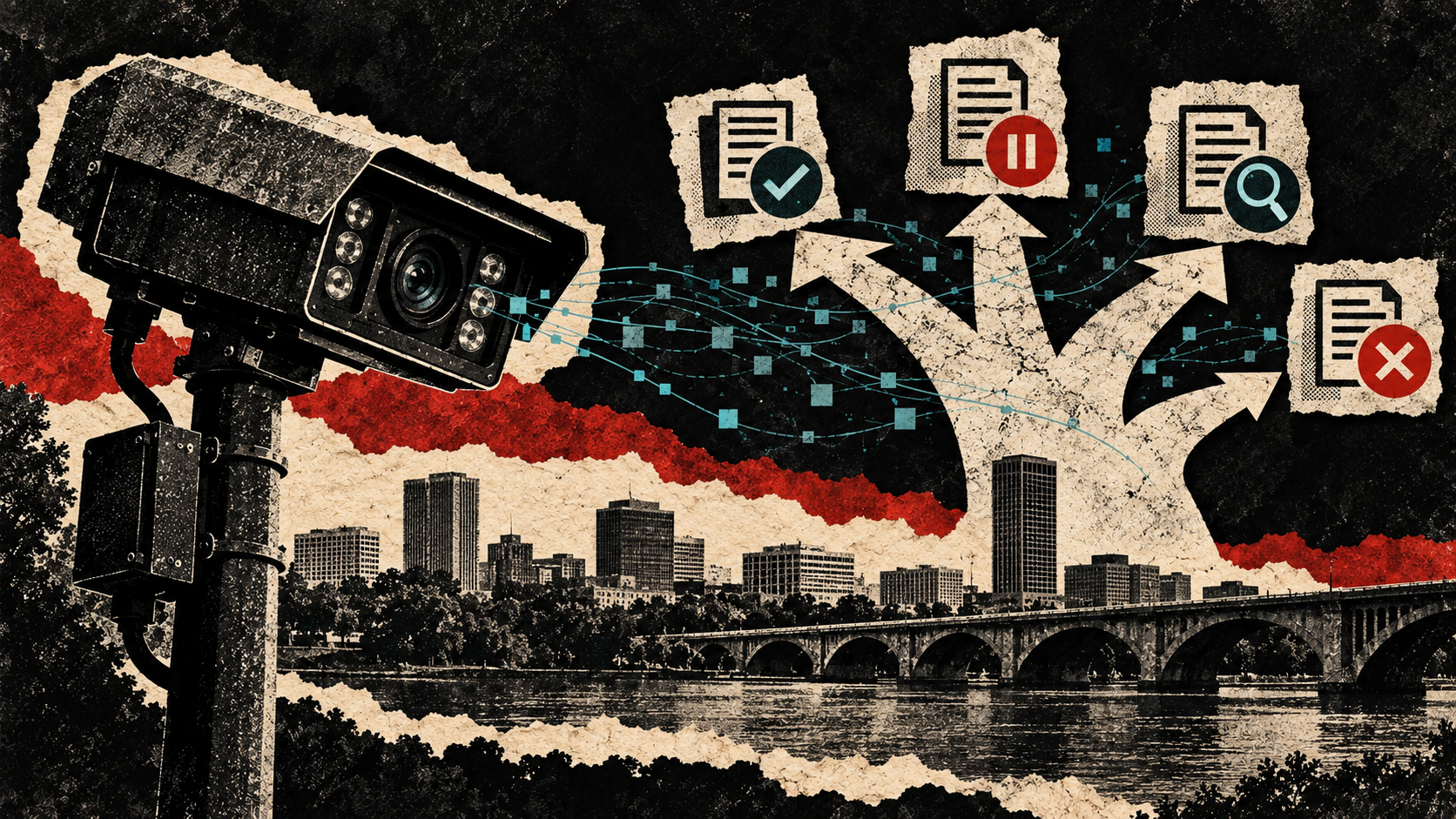 Distressed editorial collage of an ALPR camera, Richmond riverfront and branching symbolic contract choices, illustrating an undecided replacement rather than an approved vendor.
