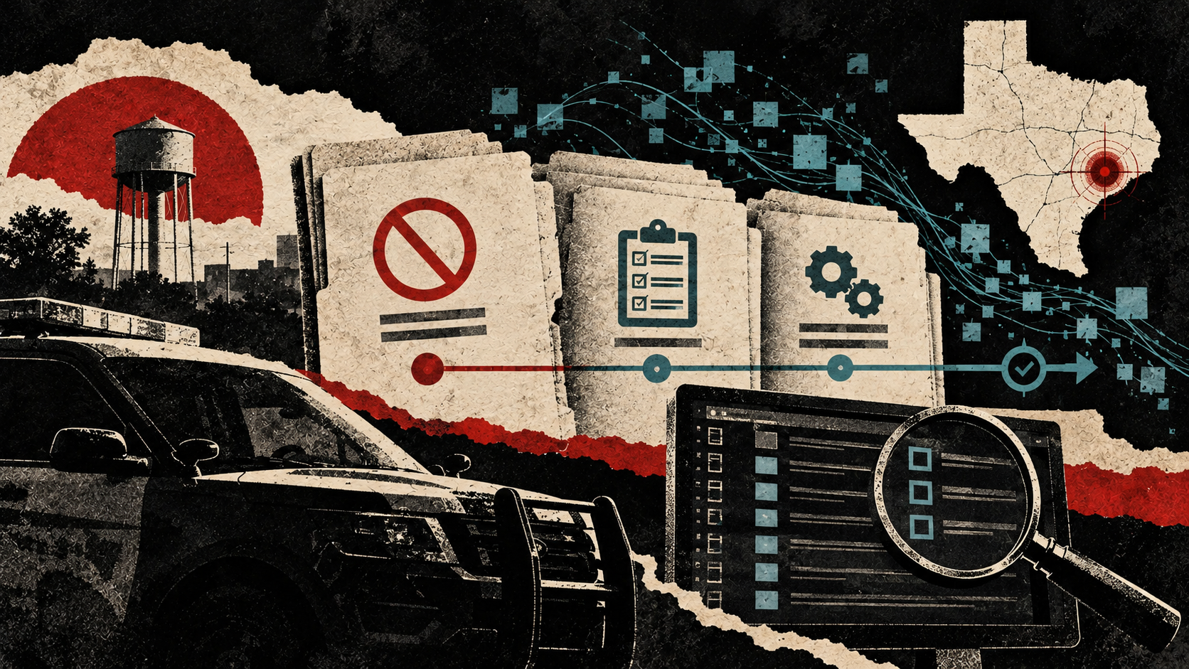 Distressed print collage of audit folders, abstract search logs, a police vehicle and a Texas map, distinguishing missing audit records from later written rules and automated safeguards.